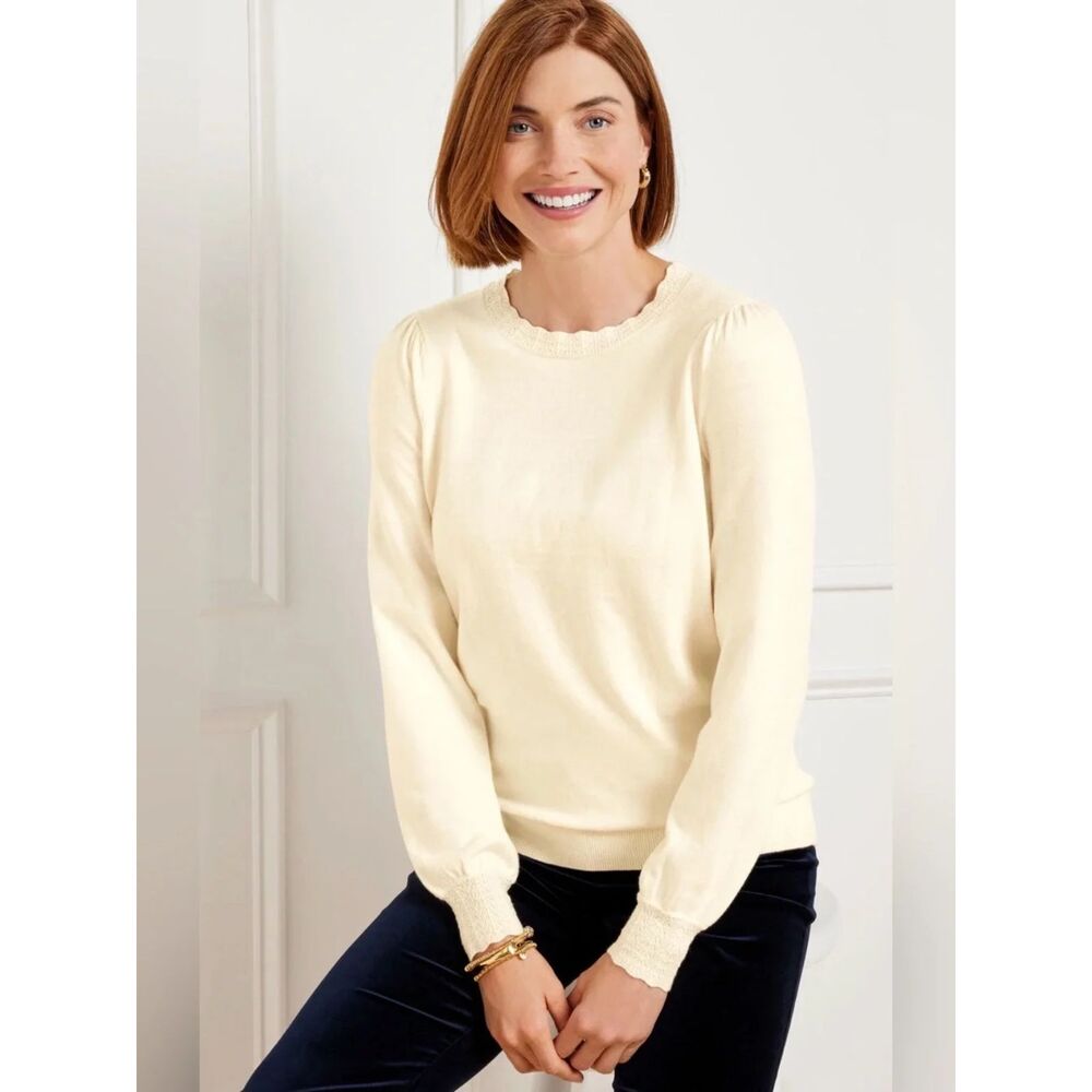 Talbots cream ivory scallop neck and wrist puff sleeve sweater XLP